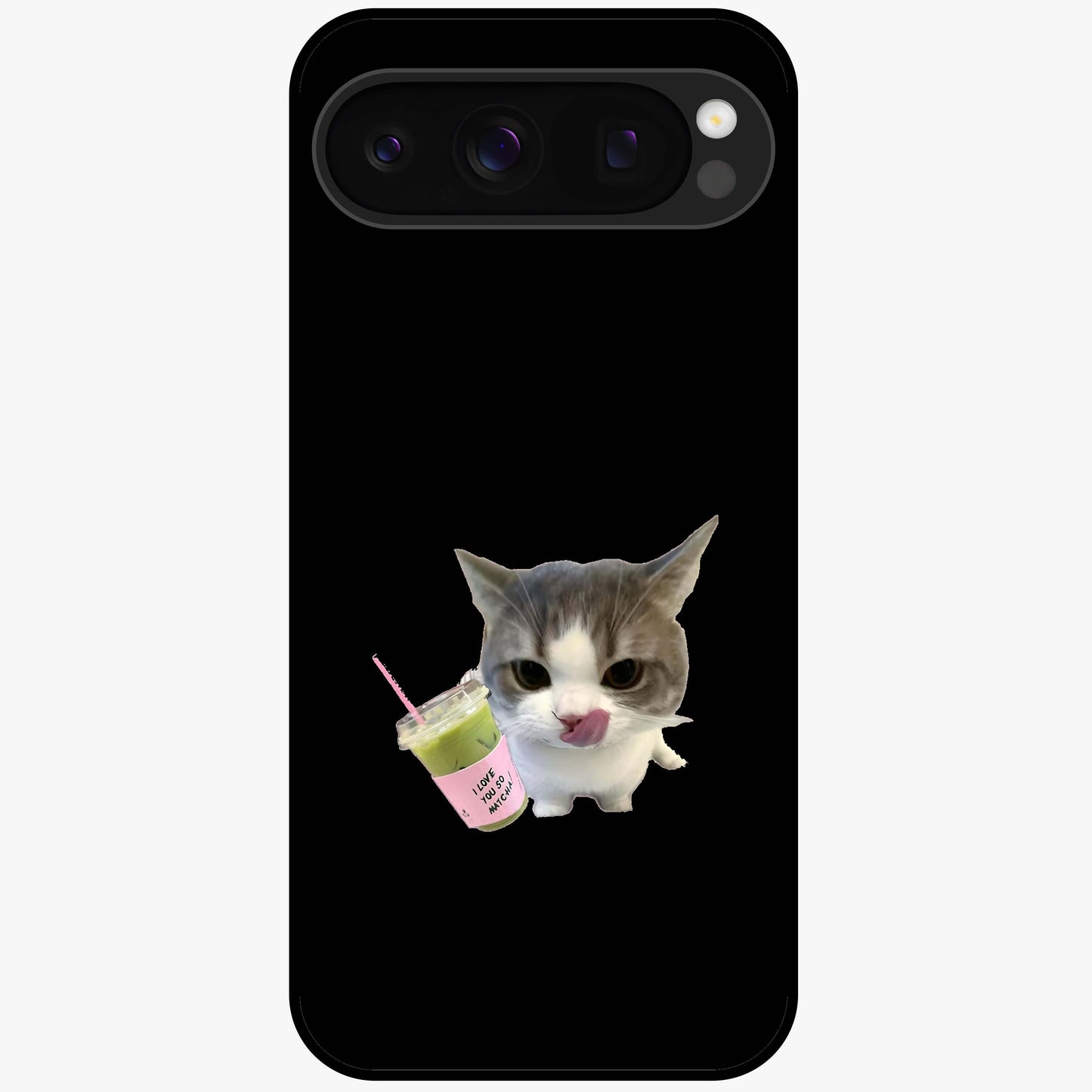 Matcha Cat Style Glass Case showing flat back view with cute matcha themed cat artwork and glossy glass finish.