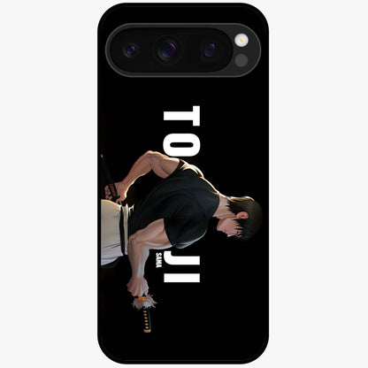 Midnight Blade Resolve Glass Case showing flat back view with dark warrior sword artwork and glossy glass finish.