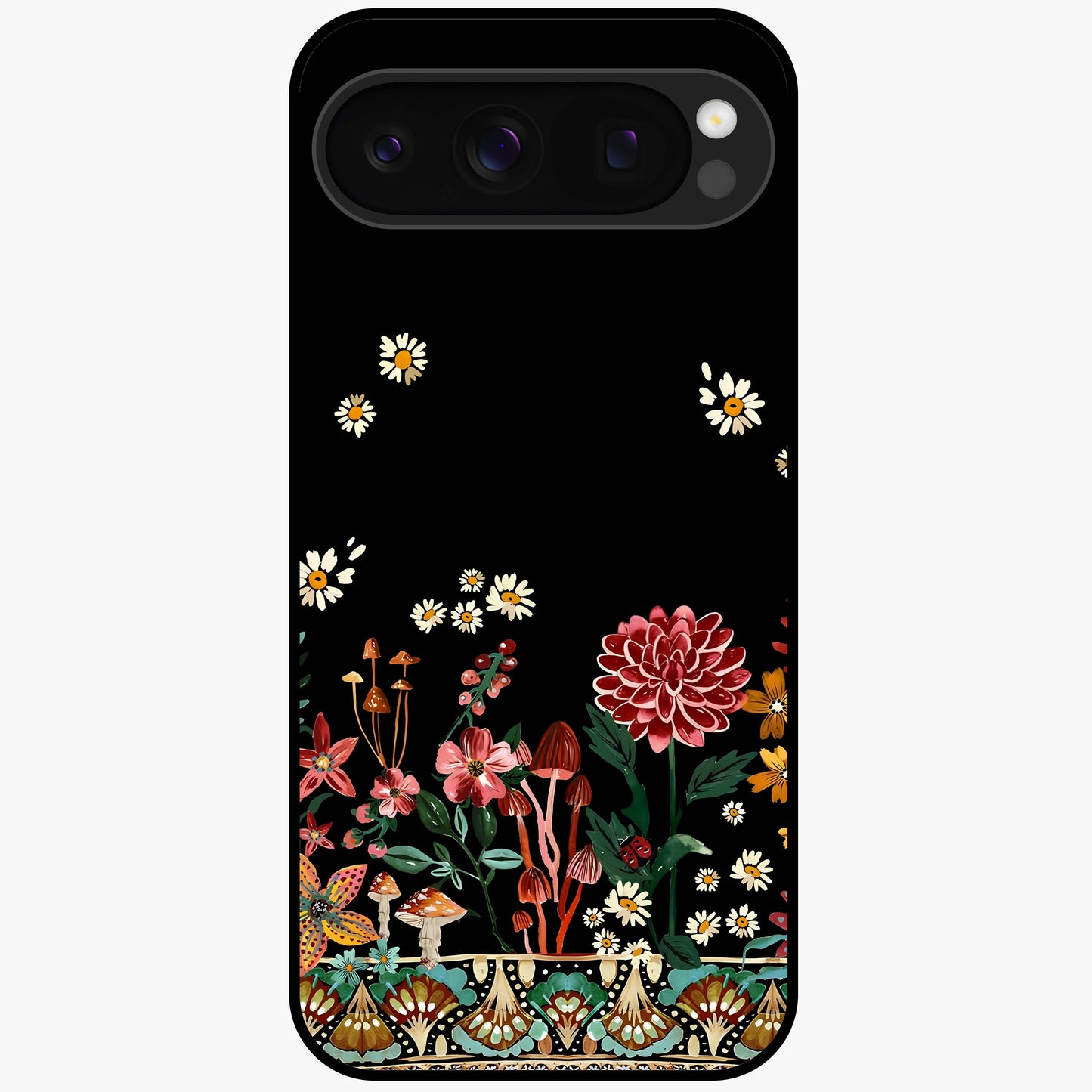 Midnight Bloom Pattern Glass Case showing flat back view with dark floral pattern artwork and glossy glass finish.
