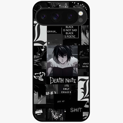 Midnight Chaos Mind Glass Case showing flat back view with abstract dark themed artwork and glossy glass finish.