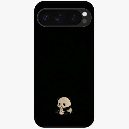 Midnight Panda Love Glass Case showing flat back view with cute panda themed artwork and glossy glass finish.