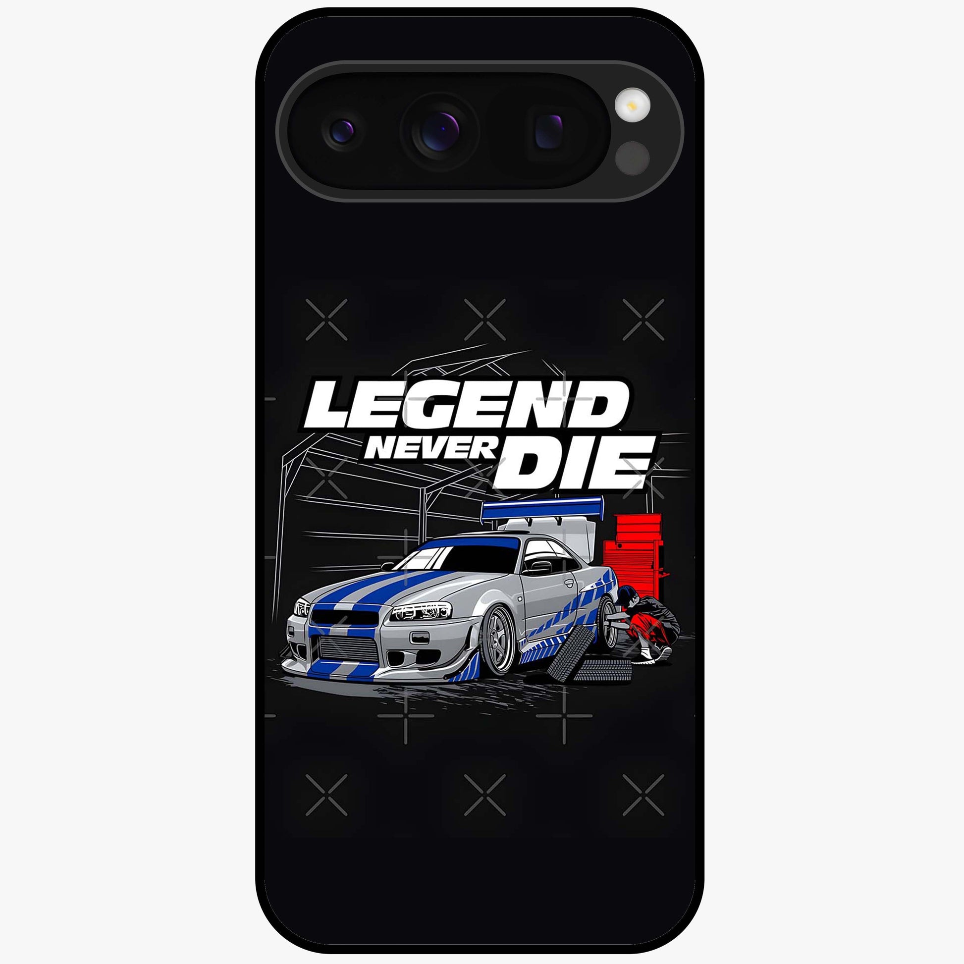 Midnight Racing Legacy Glass Case showing flat back view with sleek racing inspired artwork and glossy glass finish.