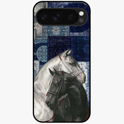 Midnight Stallion Blues Glass Case showing flat back view with majestic horse artwork and glossy glass finish.