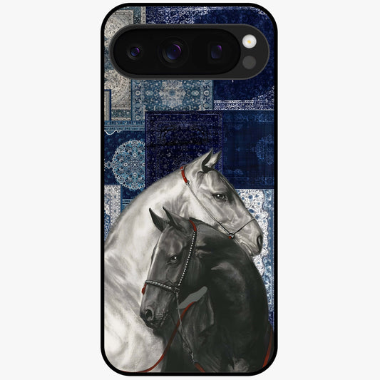 Midnight Stallion Blues Glass Case showing flat back view with majestic horse artwork and glossy glass finish.