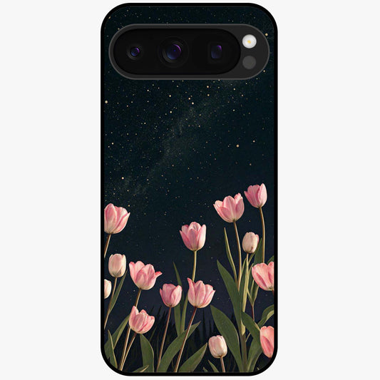 Midnight Tulip Whispers Vibe Glass Case showing flat back view with elegant tulip flower artwork and glossy glass finish.