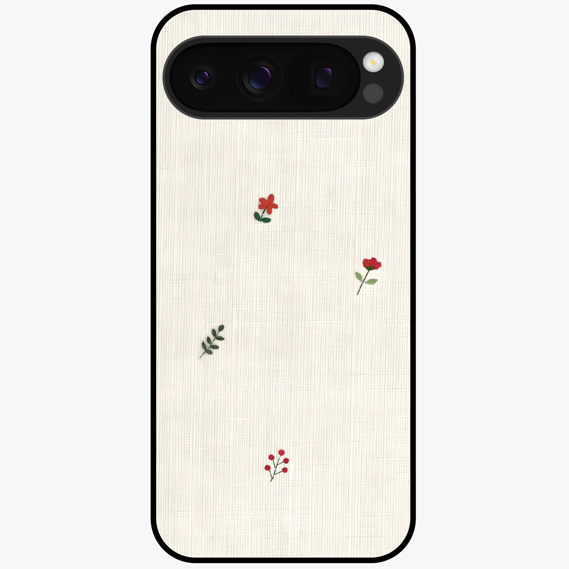 Minimal Petal Whispers Glass Case showing flat back view with soft minimal floral artwork and glossy glass finish.