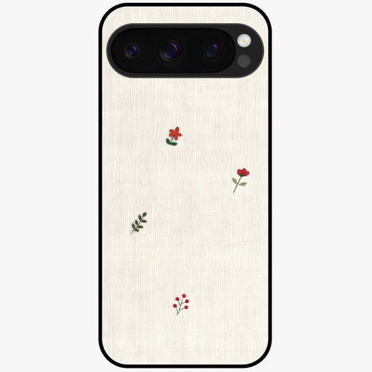 Minimal Petal Whispers Glass Case showing flat back view with soft minimal floral artwork and glossy glass finish.