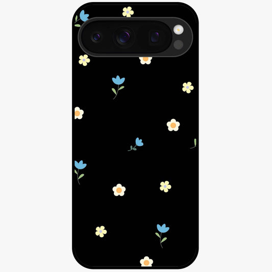 Minimalistic Blue With White Flower Pattern Glass Case showing flat back view with blue background and white flower pattern and glossy glass finish.