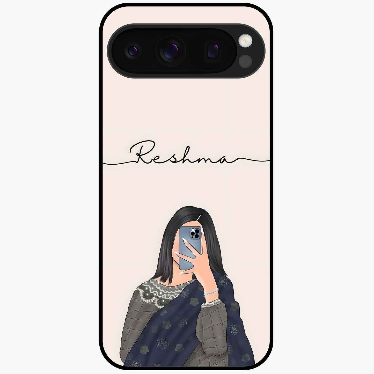 Mirror Mood Muse With Custom Name Glass Case showing flat back view with stylish mirrored artwork and personalized name design.