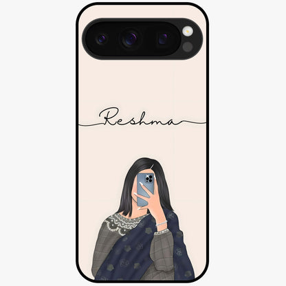 Mirror Mood Muse With Custom Name Glass Case showing flat back view with stylish mirrored artwork and personalized name design.