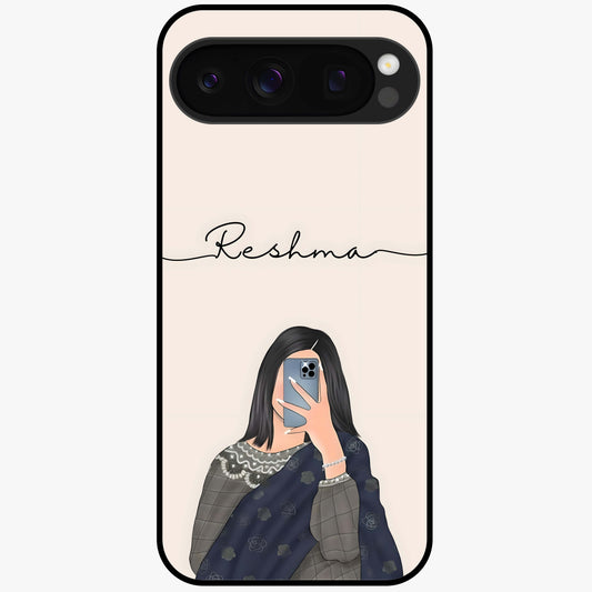 Mirror Mood Muse With Custom Name Glass Case showing flat back view with stylish mirrored artwork and personalized name design.