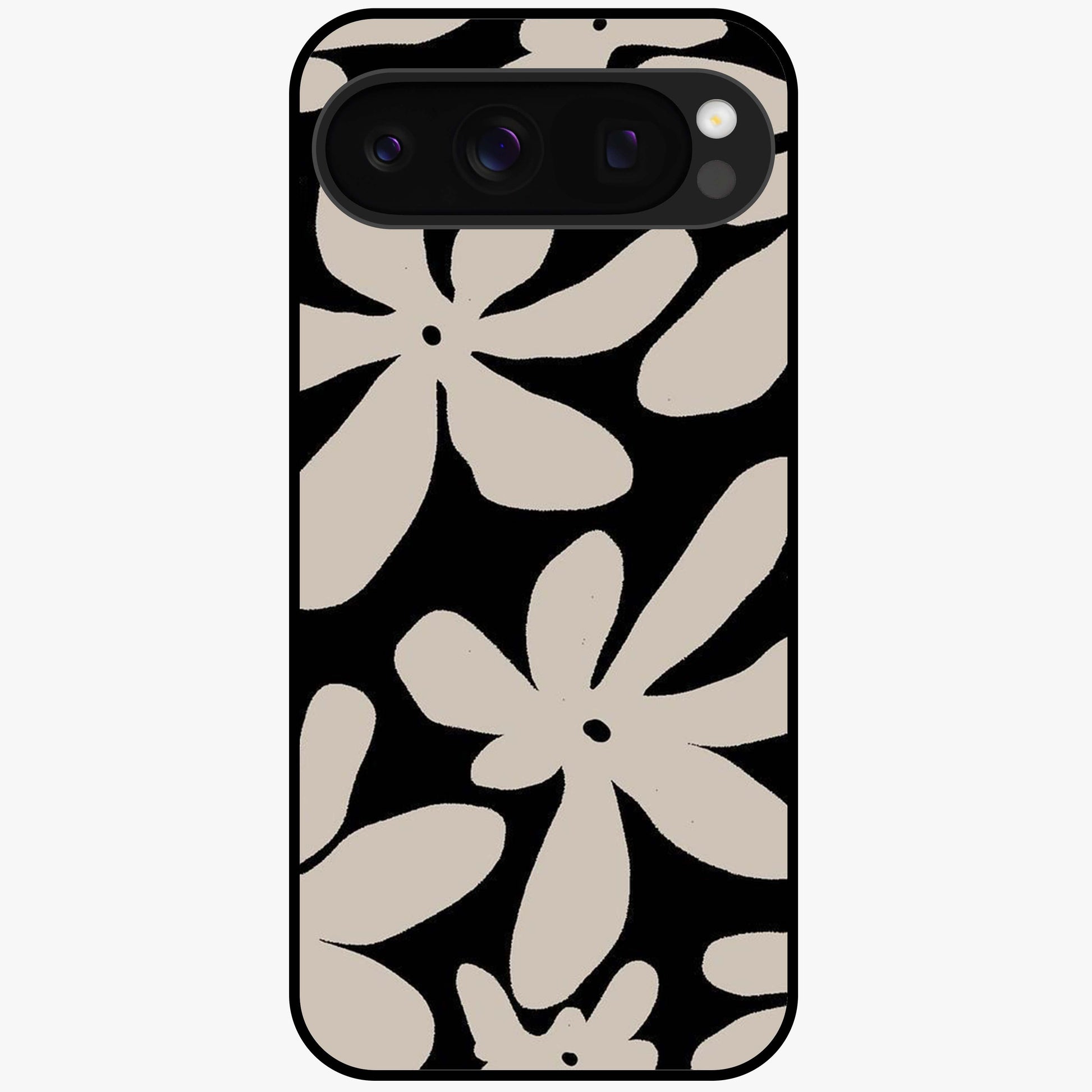 Monochrome Petal Dance Glass Case showing flat back view with monochrome floral artwork and glossy glass finish.