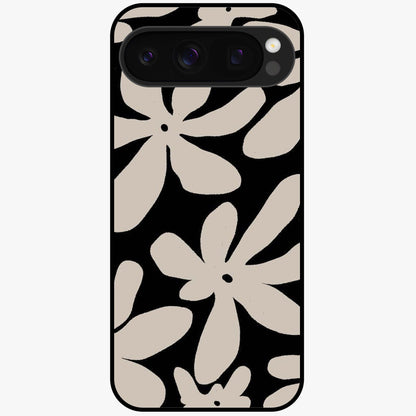 Monochrome Petal Dance Glass Case showing flat back view with monochrome floral artwork and glossy glass finish.