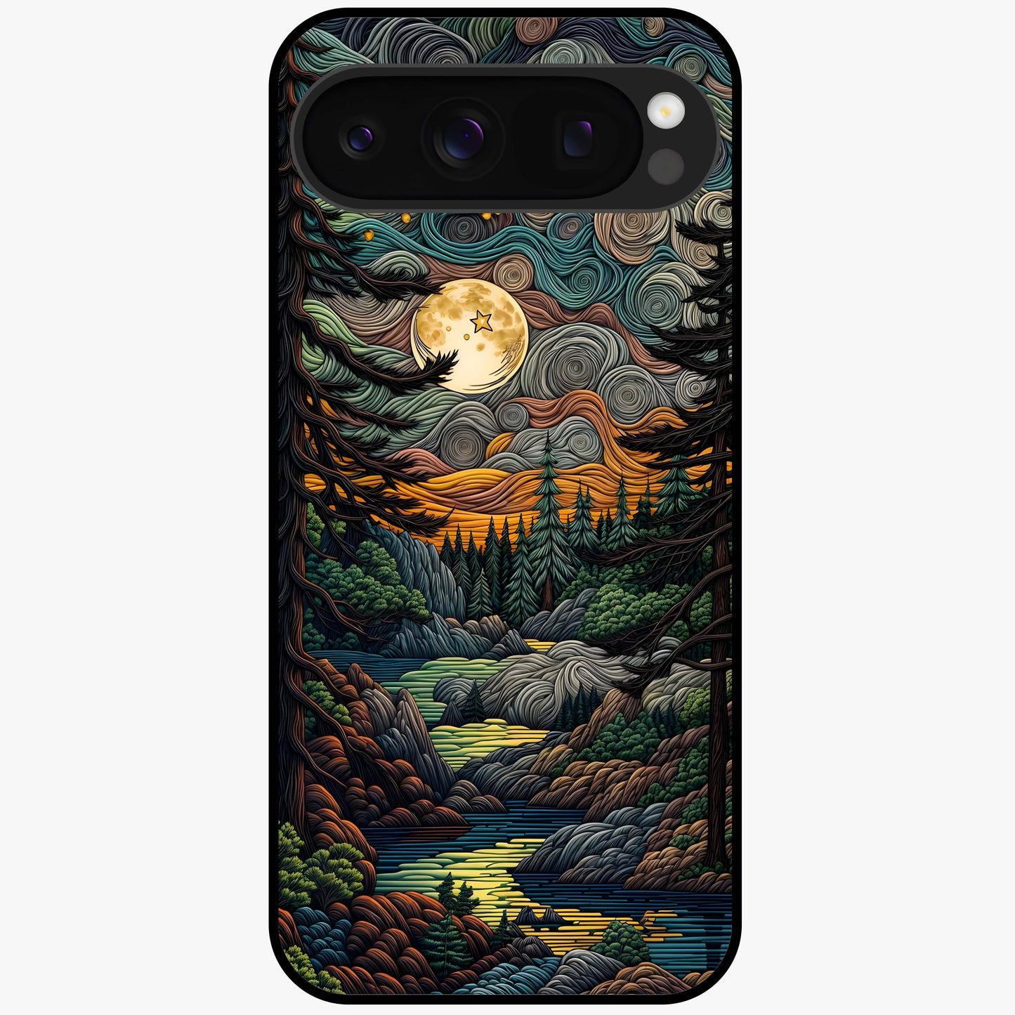 Moonlight Forest Dream Glass Case showing flat back view with mystical forest moonlight artwork and glossy glass finish.