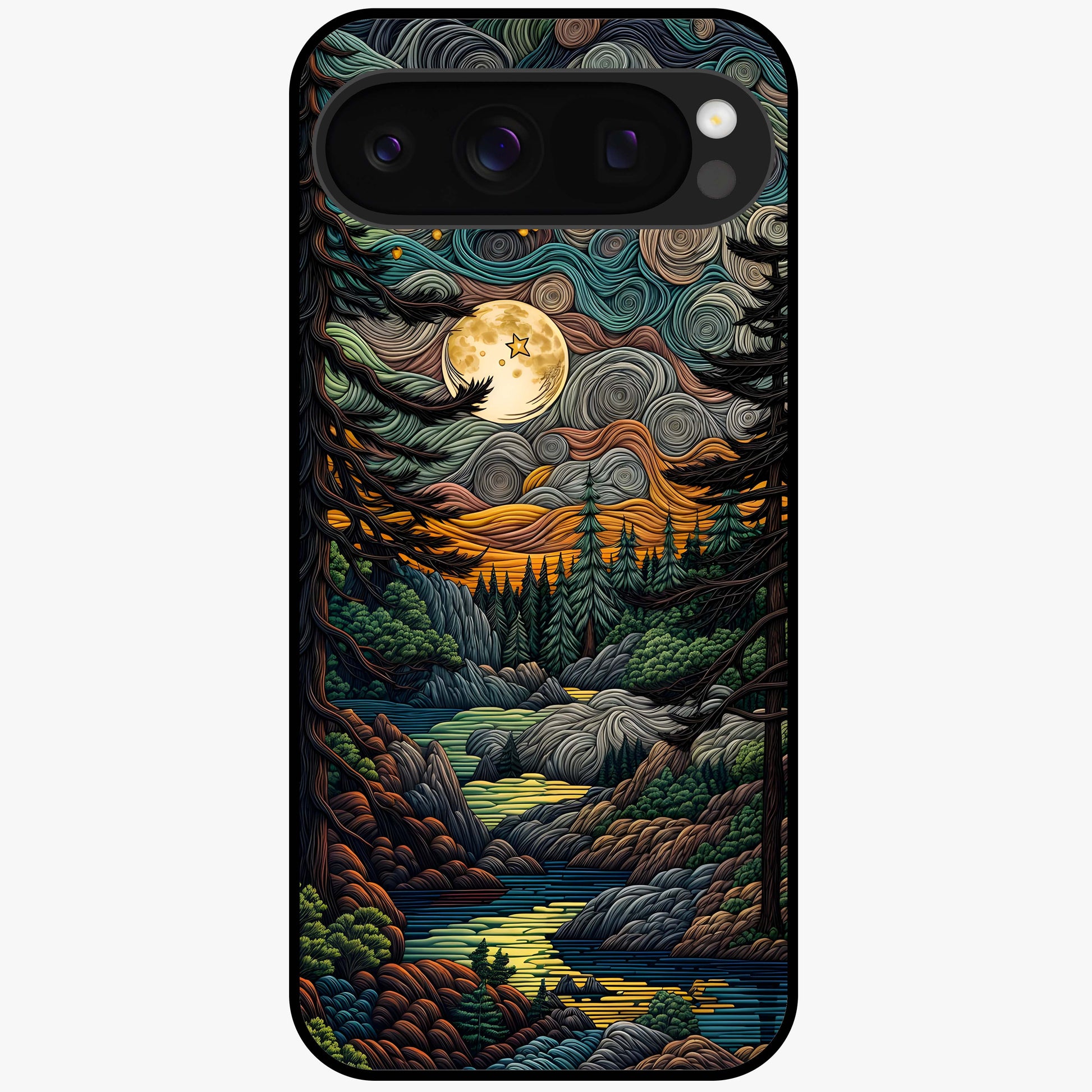 Moonlight Forest Dream Glass Case showing flat back view with mystical forest moonlight artwork and glossy glass finish.