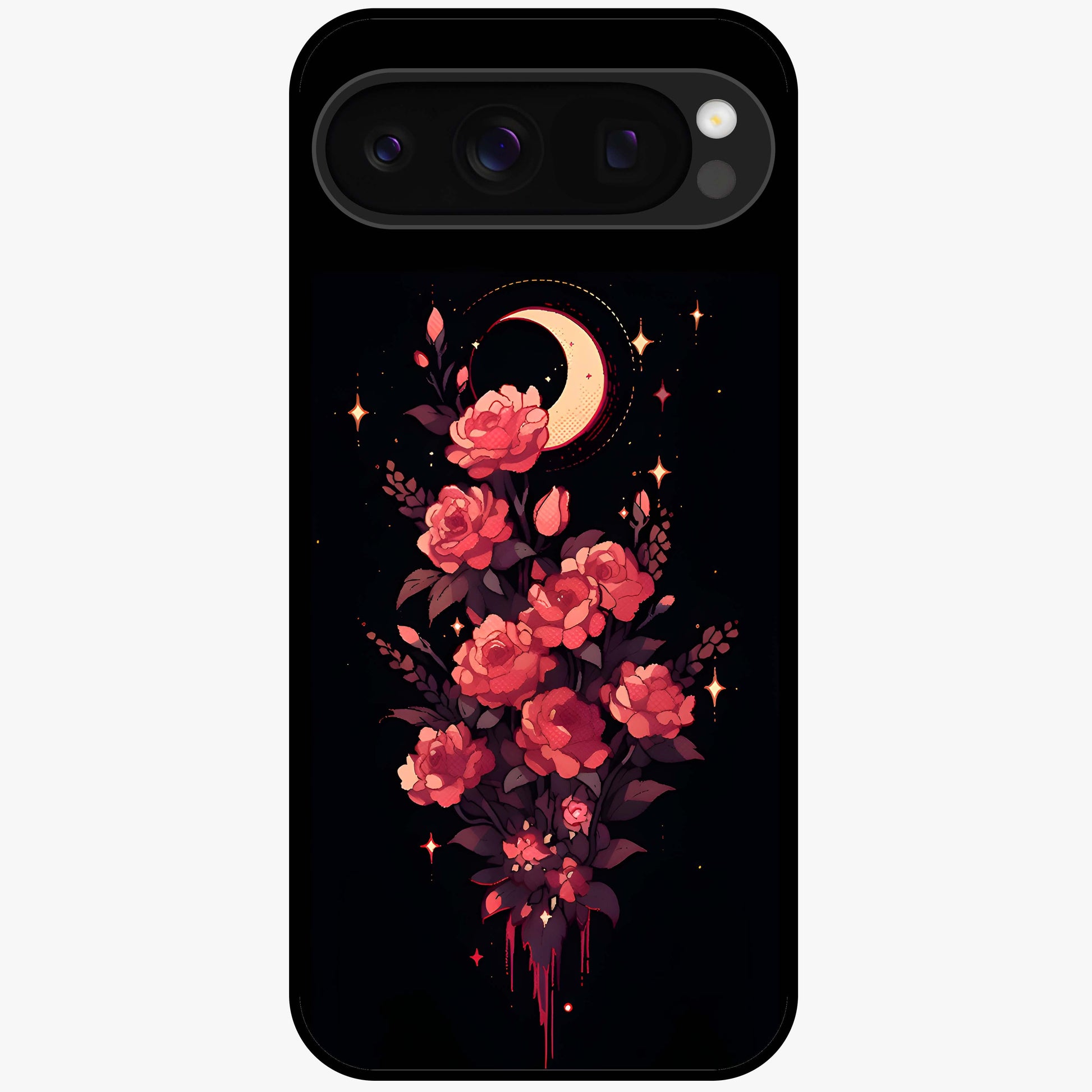 Moonlit Floral Elegance Glass Case showing flat back view with elegant floral artwork under moonlit tones and glossy glass finish.