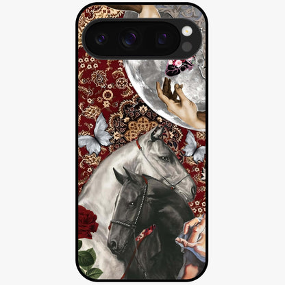 Moonlit Royal Stallion Glass Case showing flat back view with majestic horse under moonlight artwork and glossy glass finish.