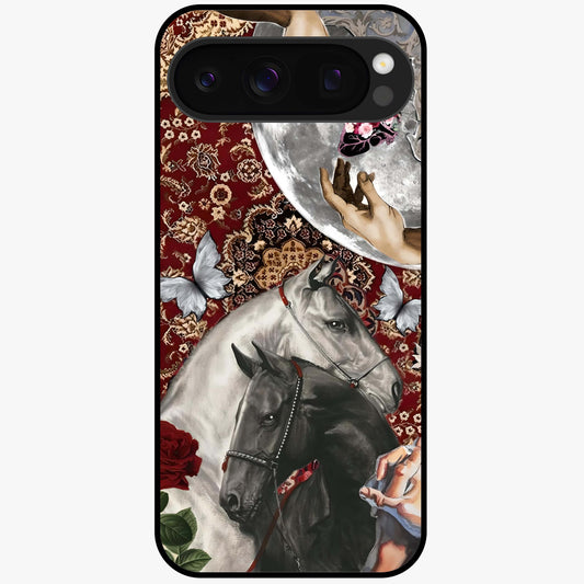 Moonlit Royal Stallion Glass Case showing flat back view with majestic horse under moonlight artwork and glossy glass finish.