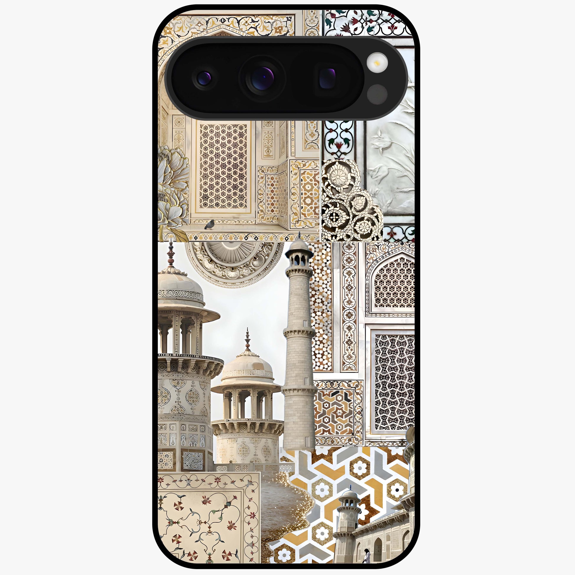 Mughal Marble Legacy Glass Case showing flat back view with intricate Mughal inspired marble pattern and glossy glass finish.