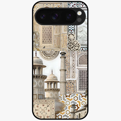 Mughal Marble Legacy Glass Case showing flat back view with intricate Mughal inspired marble pattern and glossy glass finish.