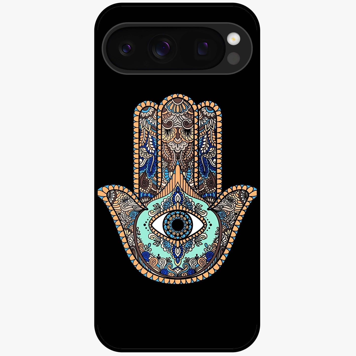 Mystic Hamsa Eye Glass Case showing flat back view with protective hamsa hand and evil eye artwork and glossy glass finish.