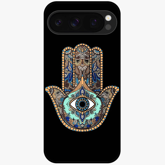 Mystic Hamsa Eye Glass Case showing flat back view with protective hamsa hand and evil eye artwork and glossy glass finish.