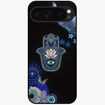 Mystic Hand Aura Glass Case showing flat back view with mystical hand symbol artwork and glossy glass finish.