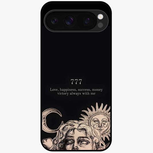 Mystic Victory Aura Glass Case showing flat back view with victory symbol artwork and glossy glass finish.