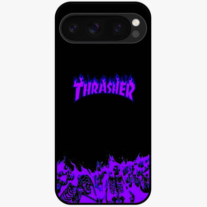 Neon Flame Riot Glass Case showing flat back view with neon flame artwork and glossy glass finish.