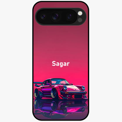 Neon Pink Porsche Glass Case showing flat back view with stylish sports car artwork and glossy glass finish.
