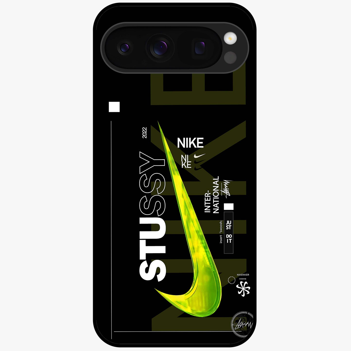Neon Street Edition Glass Case showing flat back view with neon street style artwork and glossy glass finish.
