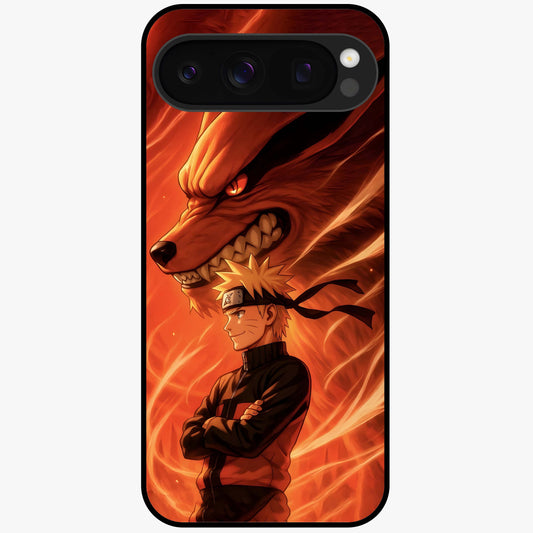 Nine Tails Legacy Glass Case showing flat back view with powerful nine-tailed fox inspired artwork and glossy glass finish.