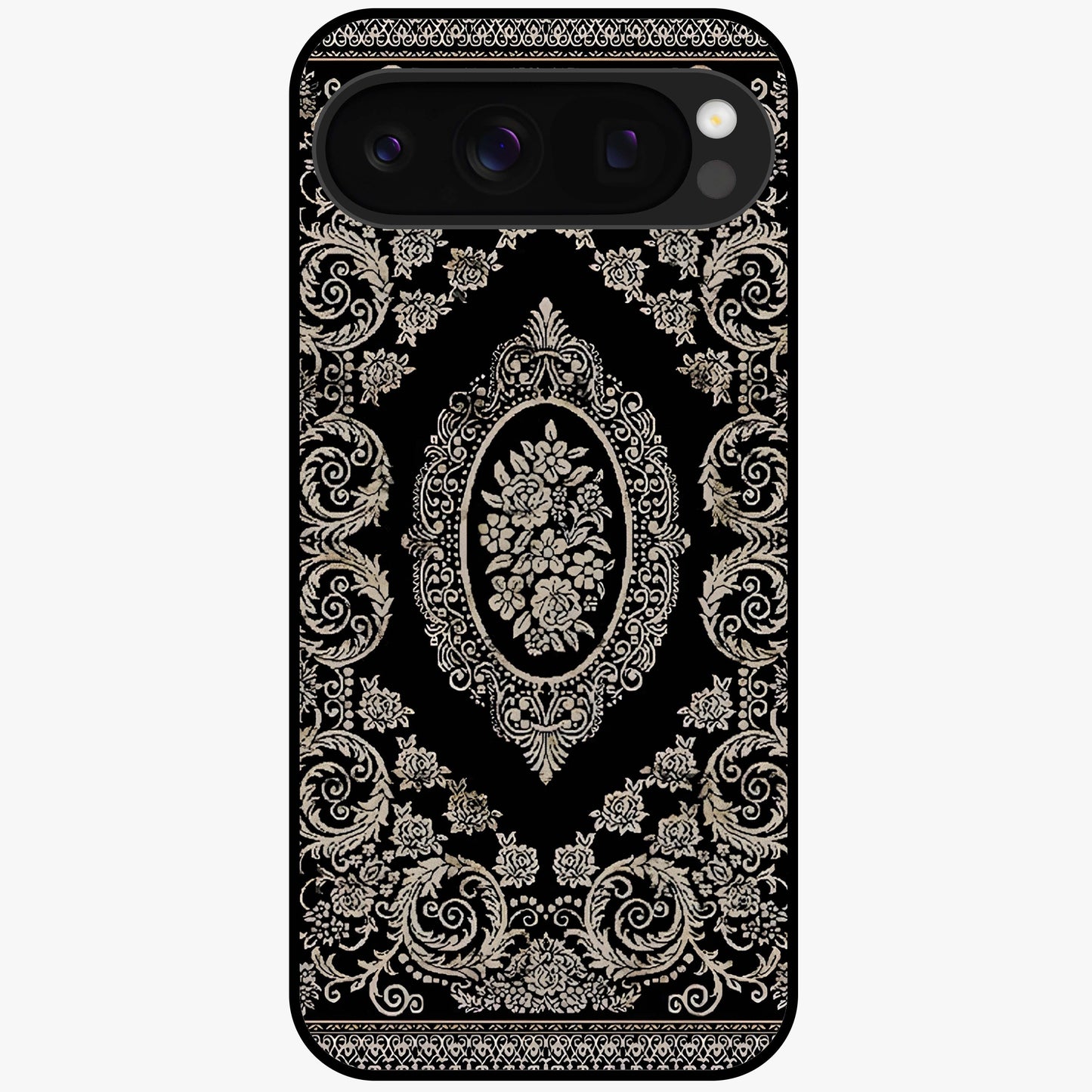 Noir Bloom Elegance Glass Case showing flat back view with elegant dark floral artwork and glossy glass finish.