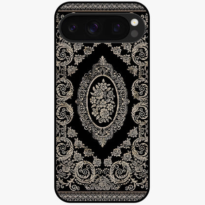 Noir Bloom Elegance Glass Case showing flat back view with elegant dark floral artwork and glossy glass finish.