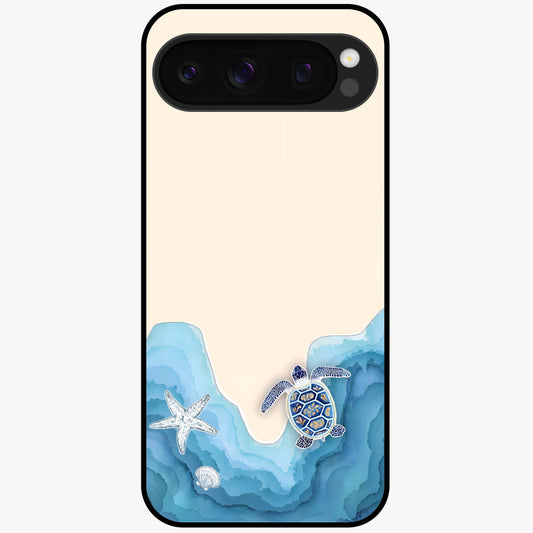 Ocean Drift Turtle Glass Case showing flat back view with sea turtle artwork and glossy glass finish.