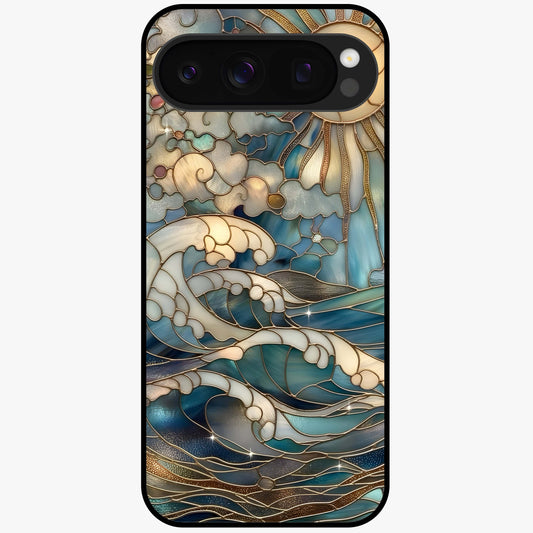 Oceanic Stained Printed Glass Case showing flat back view with ocean inspired stained pattern artwork and glossy glass finish.