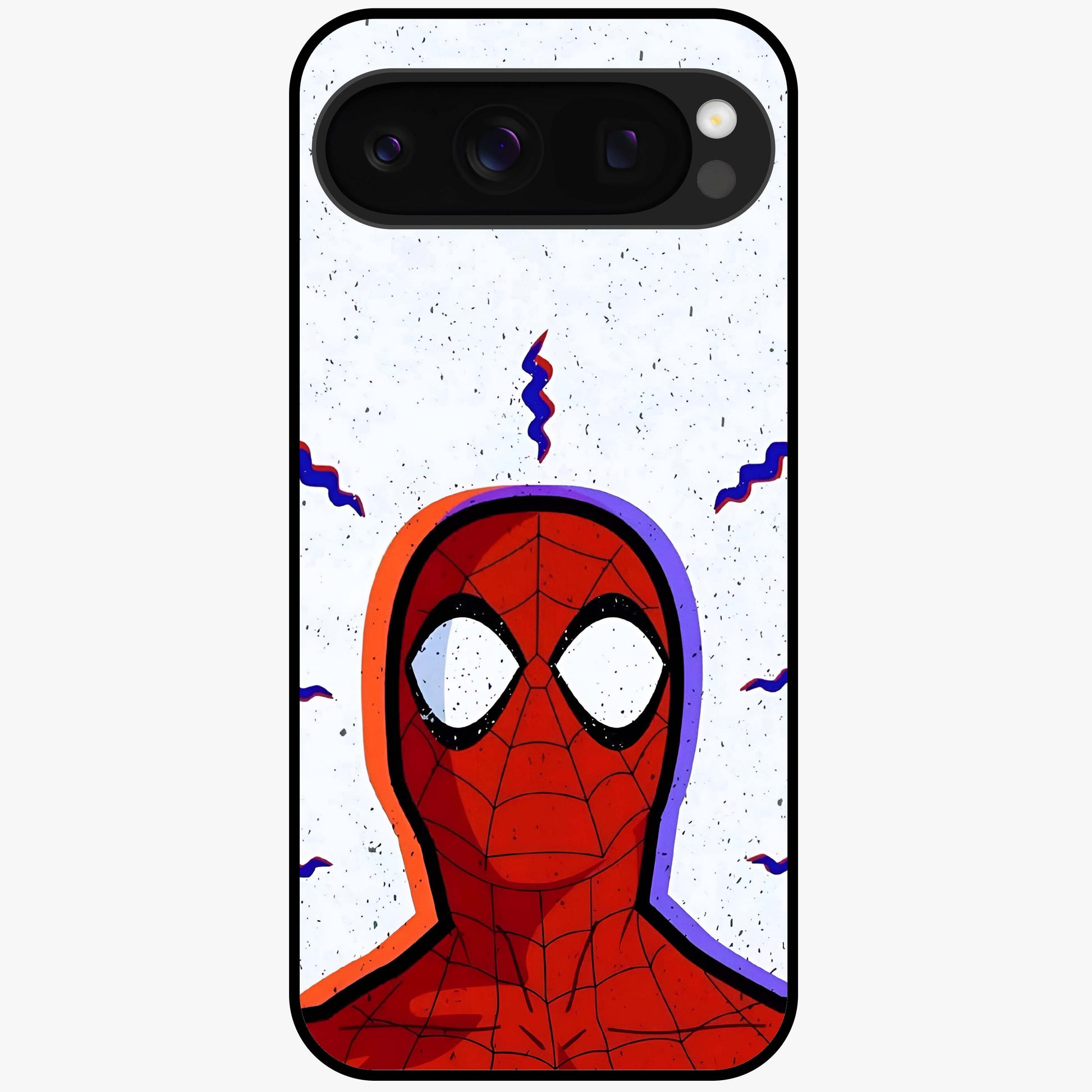 Omg Spiderman Glass Case showing flat back view with bold superhero inspired artwork and glossy glass finish.