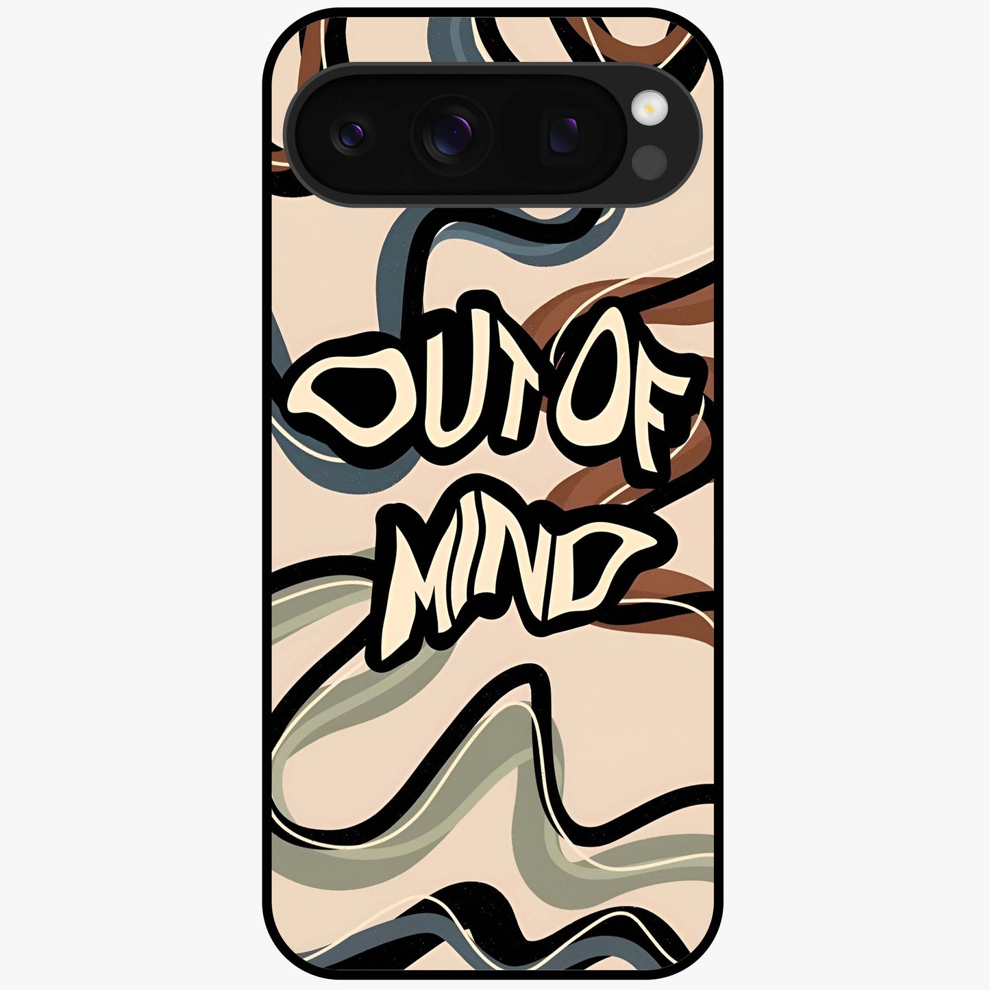 Out Of Mind Glass Case showing flat back view with expressive typography artwork and glossy glass finish.