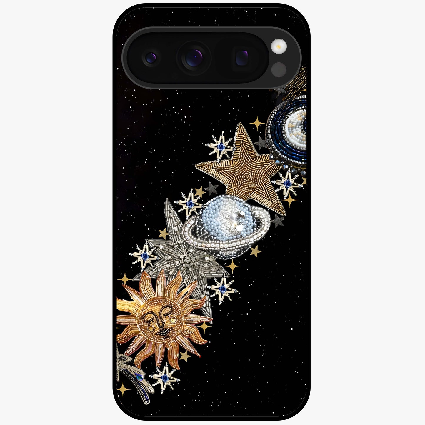Pearls Universe Object Glass Case showing flat back view with pearl inspired cosmic artwork and glossy glass finish.