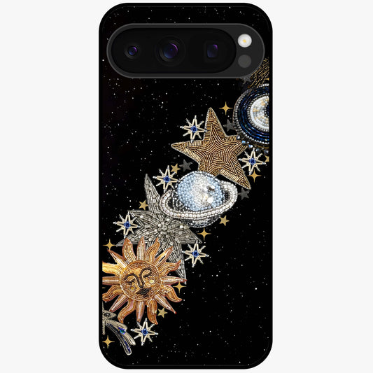 Pearls Universe Object Glass Case showing flat back view with pearl inspired cosmic artwork and glossy glass finish.