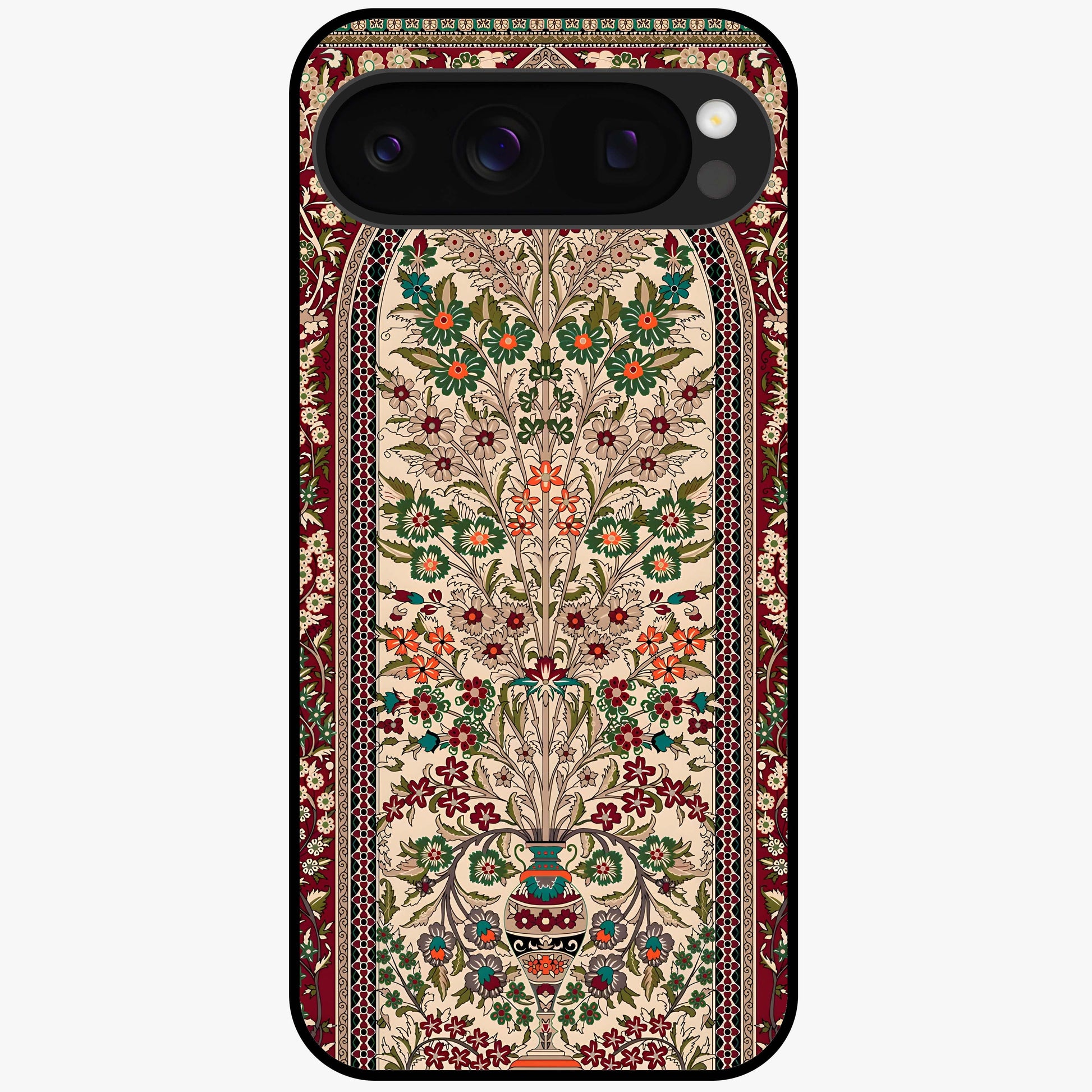 Persian Inspired Glass Case showing flat back view with ornate Persian style pattern artwork and glossy glass finish.