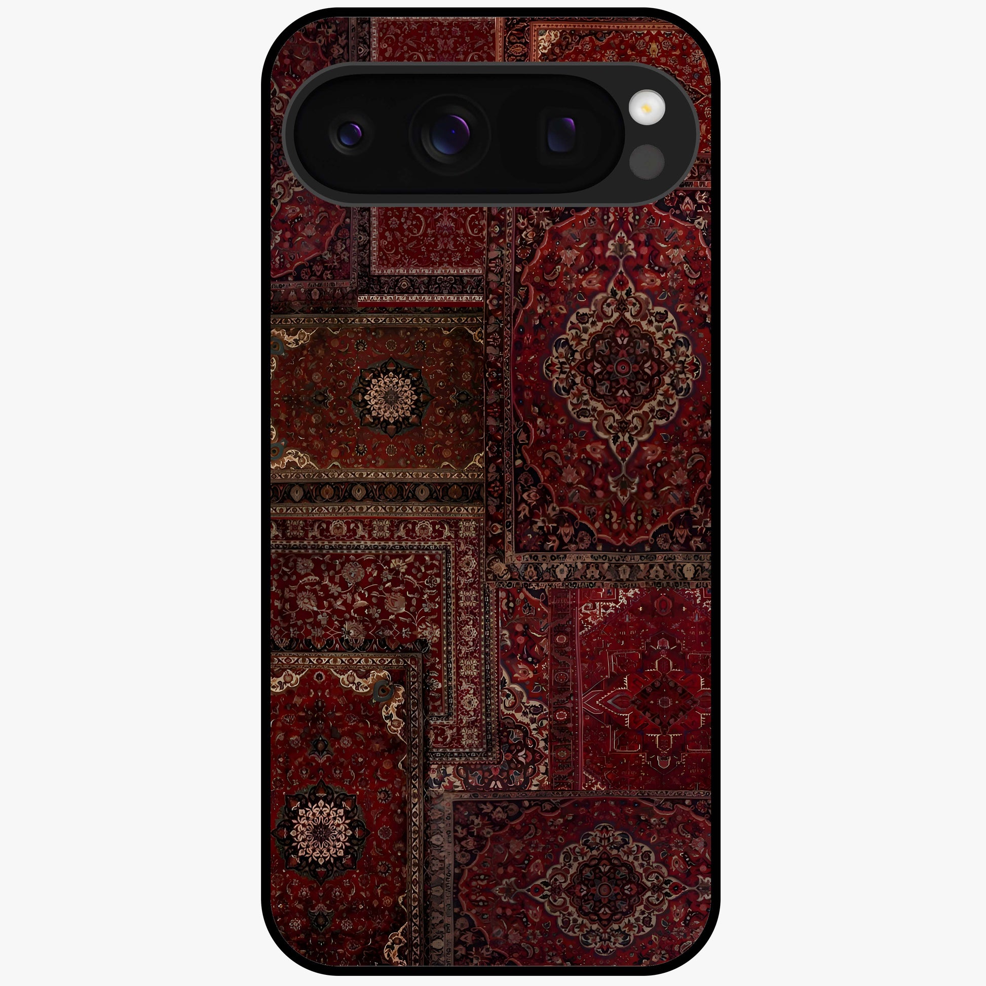 Persian Velvet Tale Glass Case showing flat back view with luxurious Persian velvet pattern artwork and glossy glass finish.