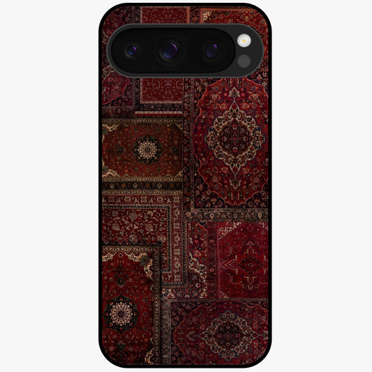 Persian Velvet Tale Glass Case showing flat back view with luxurious Persian velvet pattern artwork and glossy glass finish.