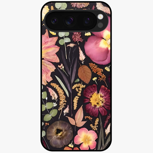 Petal Dream Tapestry Glass Case showing flat back view with intricate floral tapestry artwork and glossy glass finish.