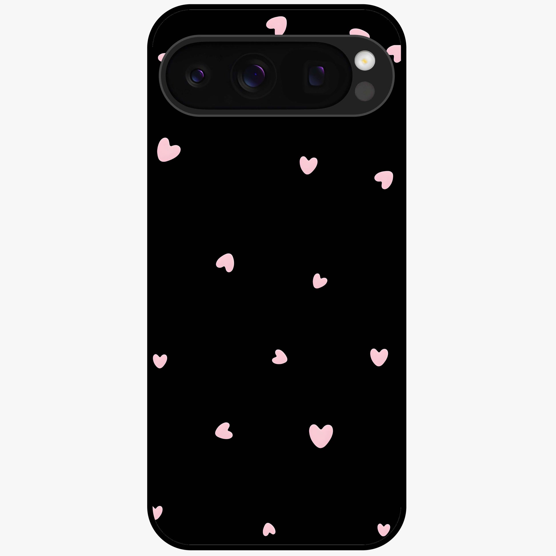 Pink Love Drops Glass Case showing flat back view with playful pink heart drops artwork and glossy glass finish.