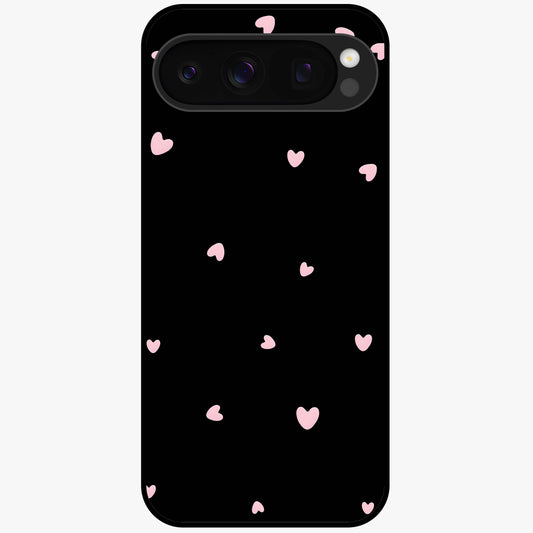 Pink Love Drops Glass Case showing flat back view with playful pink heart drops artwork and glossy glass finish.