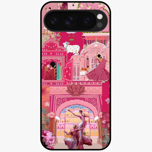 Pink Palace Muse Glass Case showing flat back view with elegant palace inspired artwork and glossy glass finish.