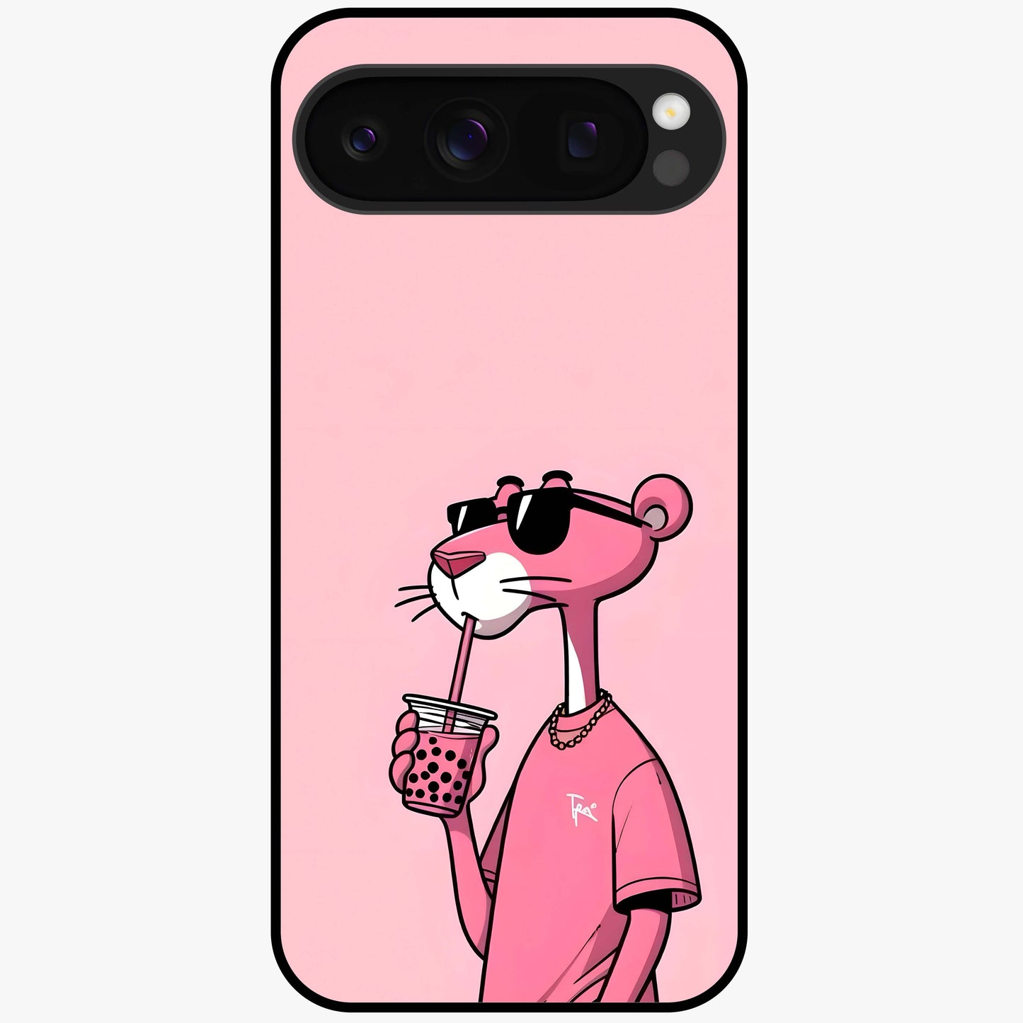 Pink Panther Glass Case showing flat back view with iconic pink panther artwork and glossy glass finish.