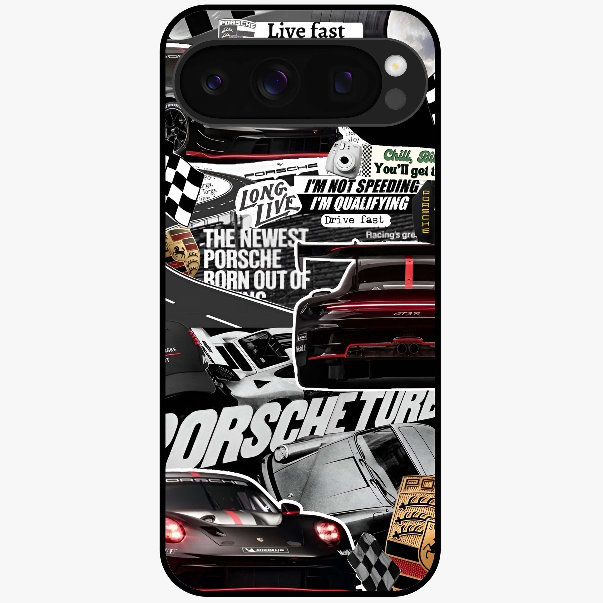 Porsche Racing Collage Glass Case showing flat back view with sports car racing collage artwork and glossy glass finish.