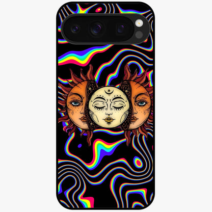Psychedelic Sun Glass Case showing flat back view with colorful psychedelic sun artwork and glossy glass finish.